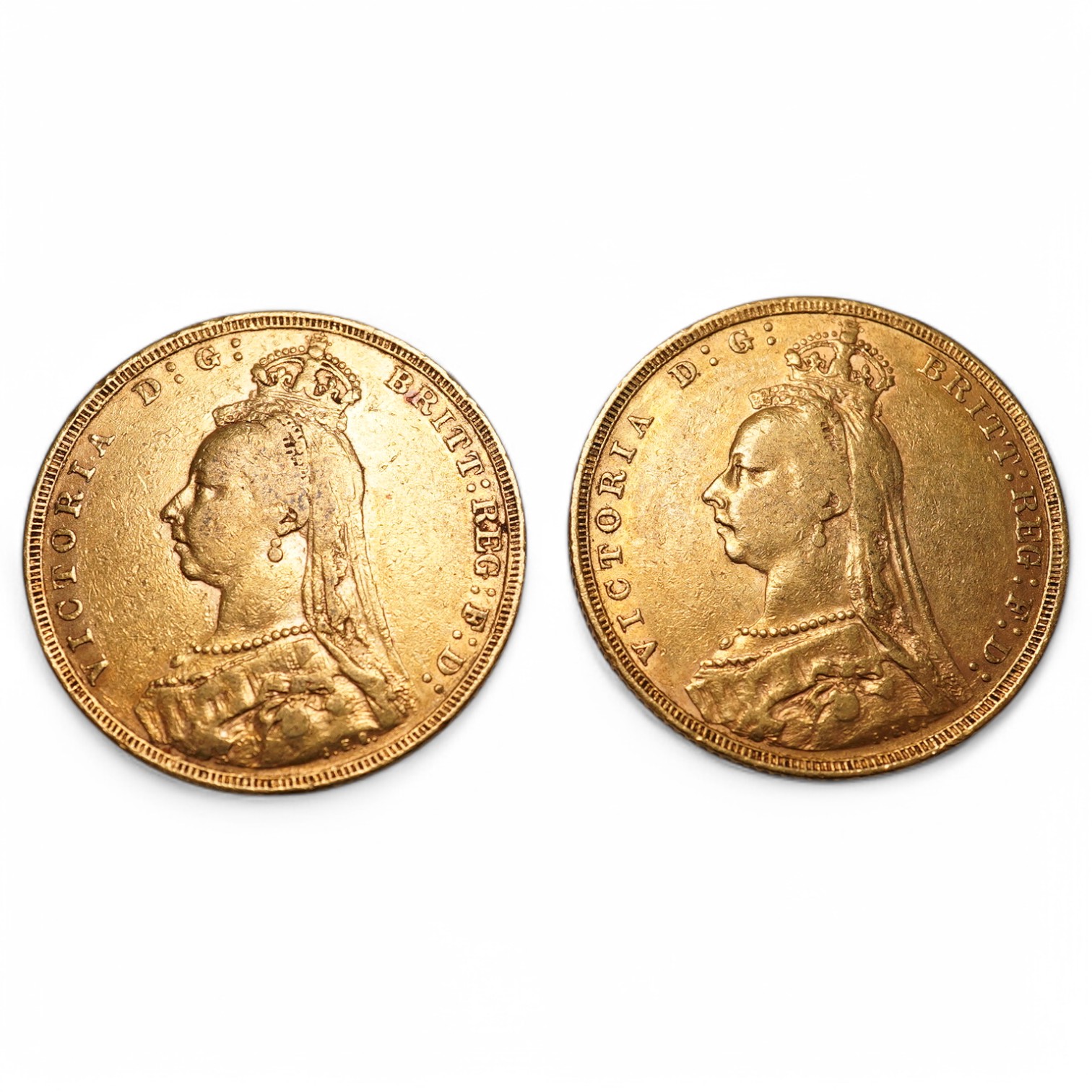 British gold coins, Victoria, two gold sovereigns, jubilee head, 1891, VF and 1892, near VF